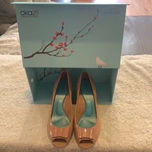 Oka-B Hand Crafted in America! Peep-toe-wedge. Color is Blush, Size 9